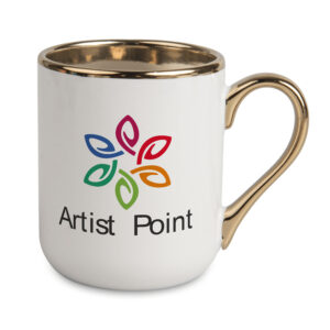 Kubek do sublimacji 330 ml – biały ze złotym uchem i rantem. Elegancki kubek ceramiczny z dużą powierzchnią nadruku, idealny na prezent i dla firm.