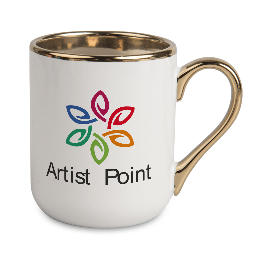 Kubek do sublimacji 330 ml – biały ze złotym uchem i rantem. Elegancki kubek ceramiczny z dużą powierzchnią nadruku, idealny na prezent i dla firm.