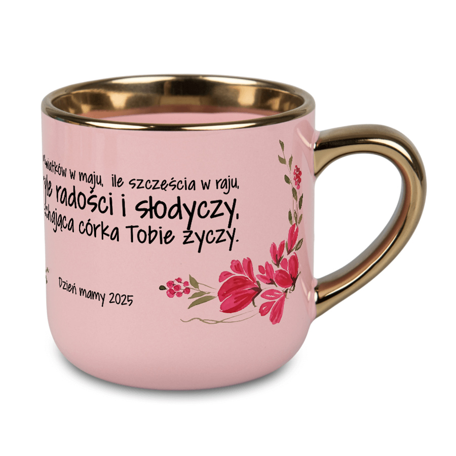 Kubek Elegant 400 ml różowy ze złotym uchwytem i rantem