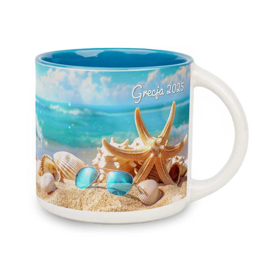 Kubek biały 400 ml szeroki środek jasnoniebieski z nadrukiem