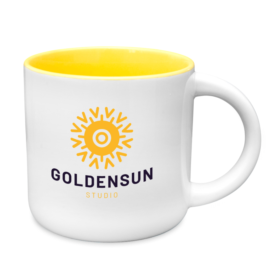 Kubek biały 400 ml szeroki środek żółty z nadrukiem