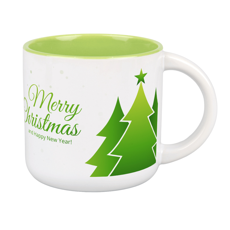 Kubek biały 400 ml szeroki środek jasnozielony z nadrukiem